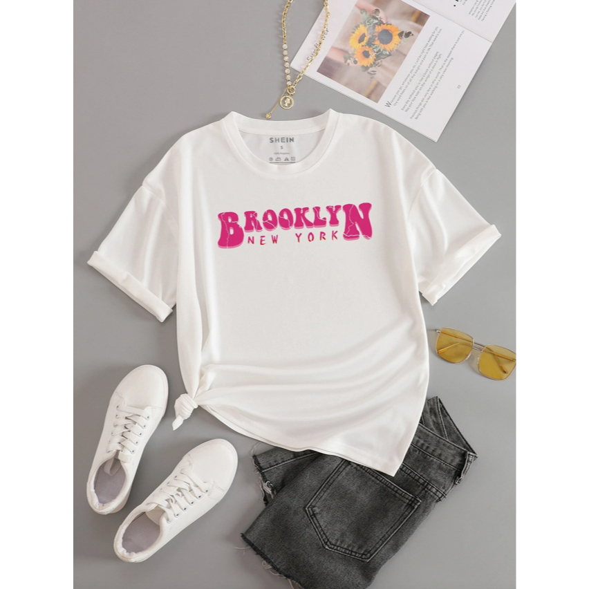 Camiseta Estampa Brooklyn New York Preta Rosa Oversized Blusa Maga Curta Tumblr Ombro Caido T-shirt Feminina