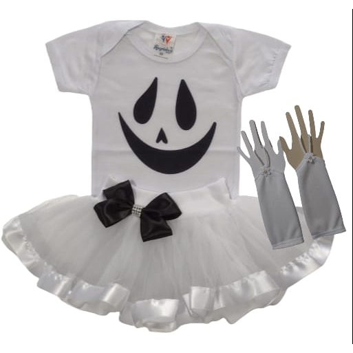 Fantasia Fantasminha Bebê Menina Mesversário Halloween Conjunto Temático Infantil Body Fantasma, Saia Tutu Tule e Luvas