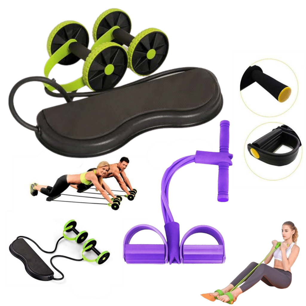 Kit Treino Em Casa Roda Abdominal Revoflex + Elástico Para Malhar Extensor Pilates Fit