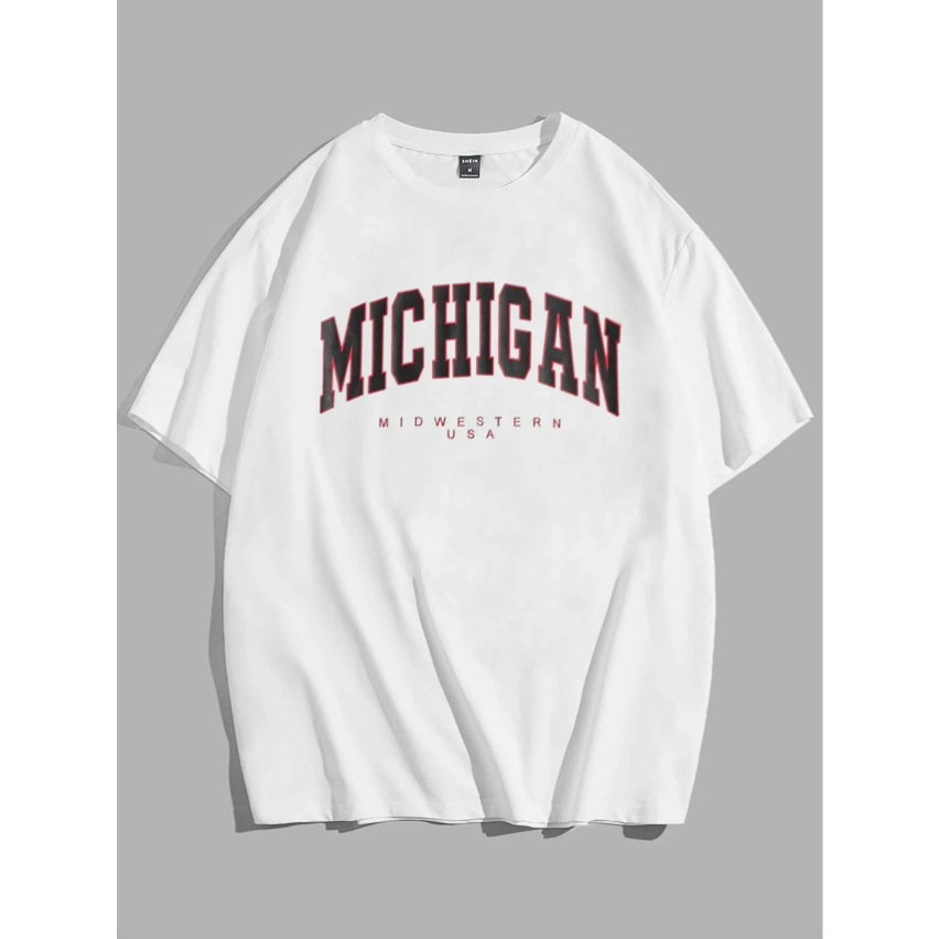 Camiseta Oversized Manga Curta Estampada Michigan Midwestern USA Streetwear Blusa Ombro Caido Tumbrl Unissex
