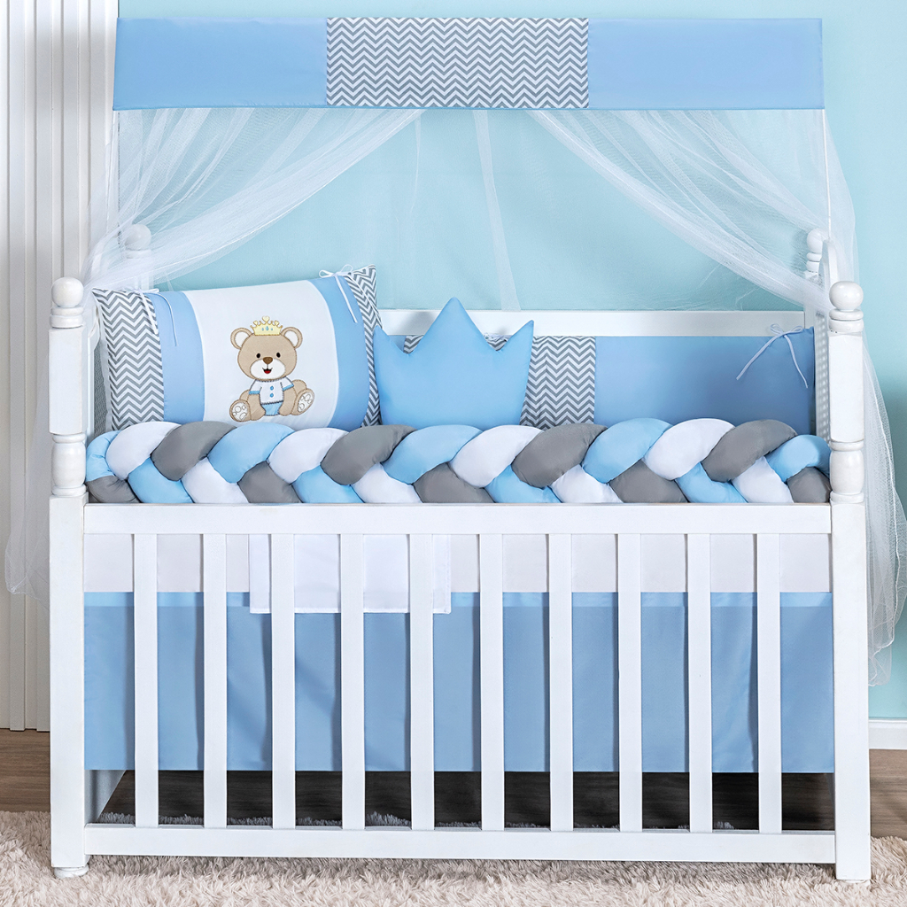Kit Berço Americano Trança 11 Peças Para Bebê Menino Rei Urso Realeza Azul