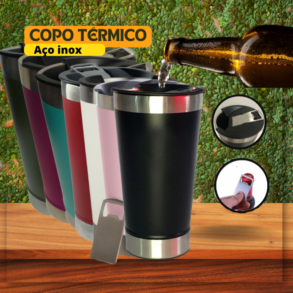 Copo Térmico Cerveja Café Chá Bebidas Inox C Tampa e Abridor 473ml