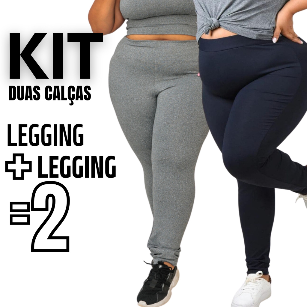 Kit 2 Calças Legging Plus Size Feminina Leg Suplex Zero Transparência Cintura Alta Levanta Bumbum