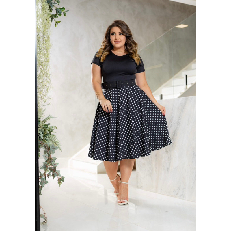 Vestido Midi Preto Poá Bolinhas com Cinto Moda Feminina Modesta em Oferta na Shopee