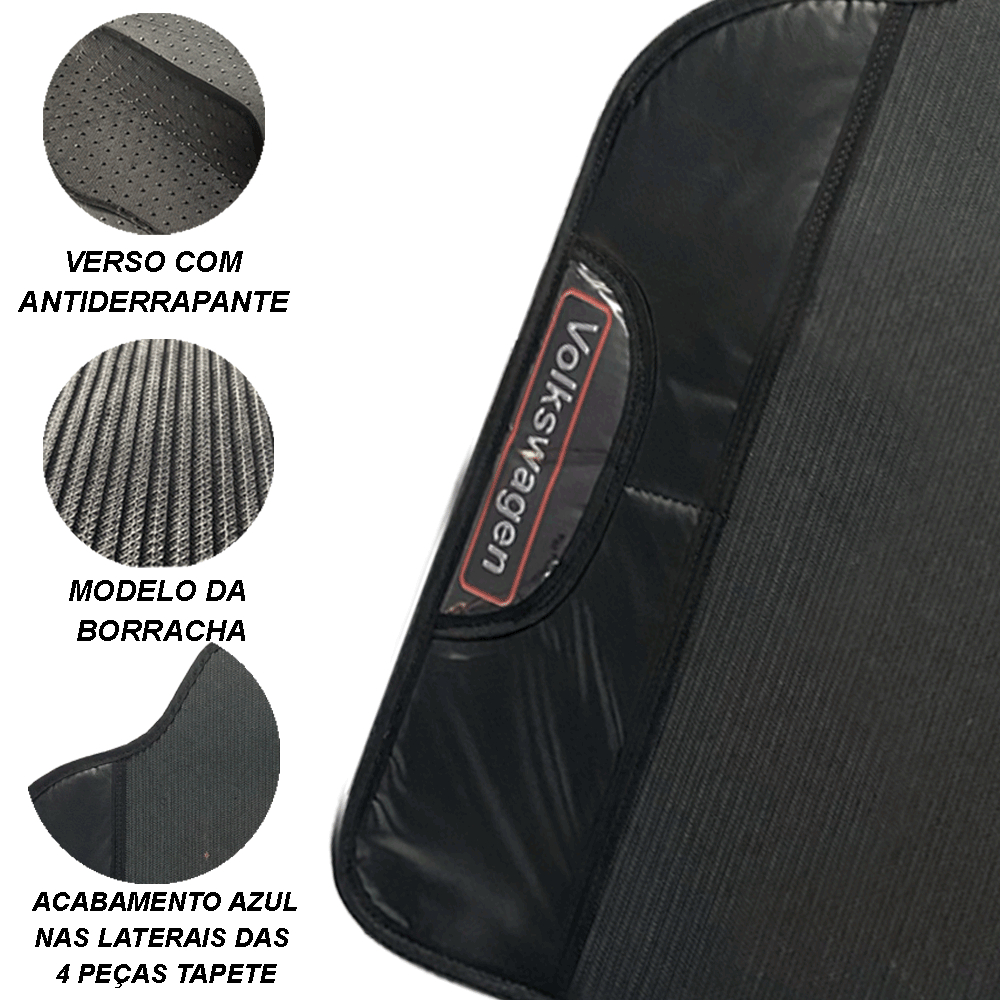 TAPETE DE CARRO AUTOMOTIVO UNIVERSAL EMBORRACHADO COMO NOME EMBLEMA LOGO PERSONALIZADO VOLKSWAGEN VW GOL PARATI VOYAGE SANTANA POLO VIRTUS FOX COM NOME DA MONTADORA NA LATERAL DO TAPETE MOTORISTA