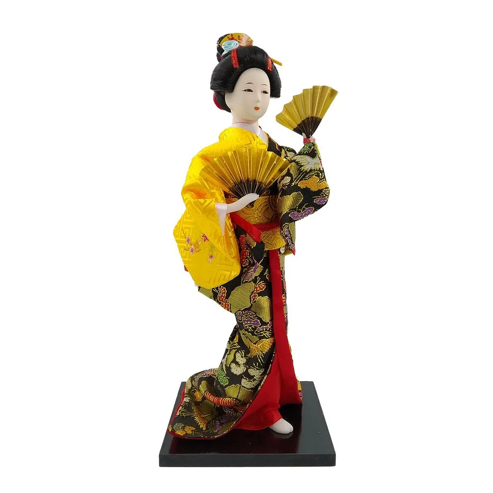 Boneca Decorativa Oriental Japonesa Gueixa Artesanal com Kimono 31cm