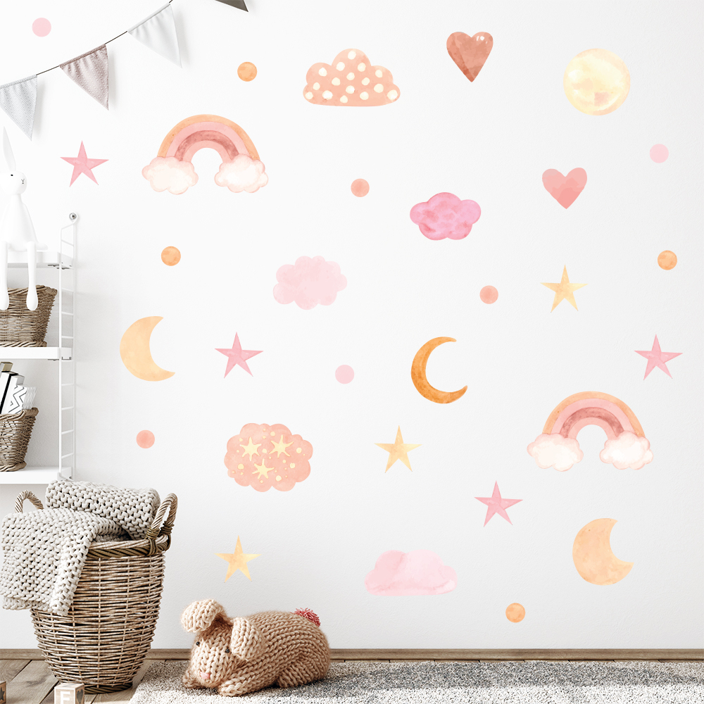 Adesivo De Parede Infantil Arco-íris Bolinhas Estrelas Nuvens Criança Bebe Menino Menina - 286ir