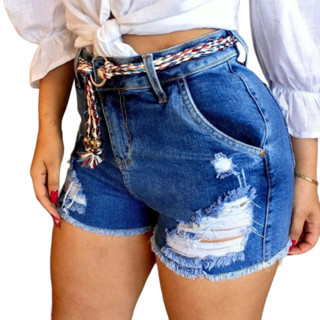 Short Jeans 34 ao 48 Cintura Alta com Cintinho Rasgado Destroyed