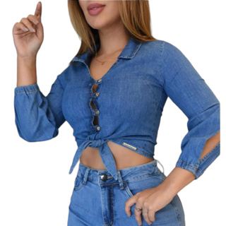 Blusa Cropped P ao XG Jeans de Amarrar Manga Comprida Feminina em Oferta na Shopee