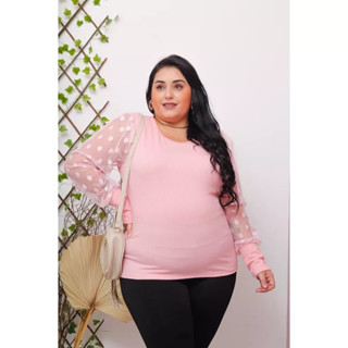 Blusa Canelada Plus Size Manga Longa Tule Gola Baixa 2022