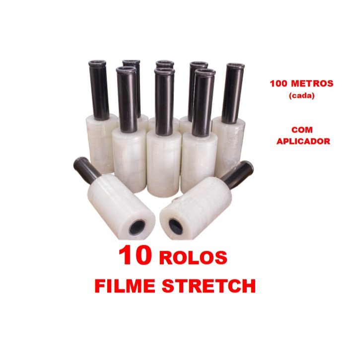 10 Rolos Filme Stretch C/ Cabo Adaptador (10cm) 100 Metros caixa com 10