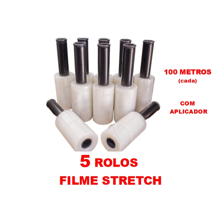 5 Rolos Filme Stretch C/ Cabo Adaptador (10cm) 100 Metros