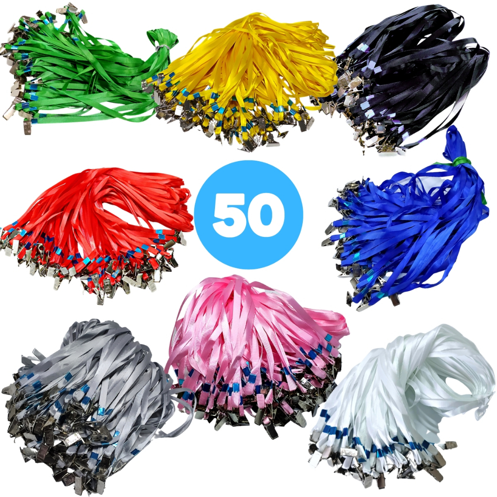 50 Cordões Porta Crachá Clips Garra Jacaré Metal Lanyard Suporte Kit Cordão Cores