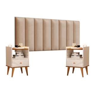 Cabeceira Cama Casal Queen Kit Com Mesa de Cabeceira Off Freijó - 8 Módulos Auto Adesivos