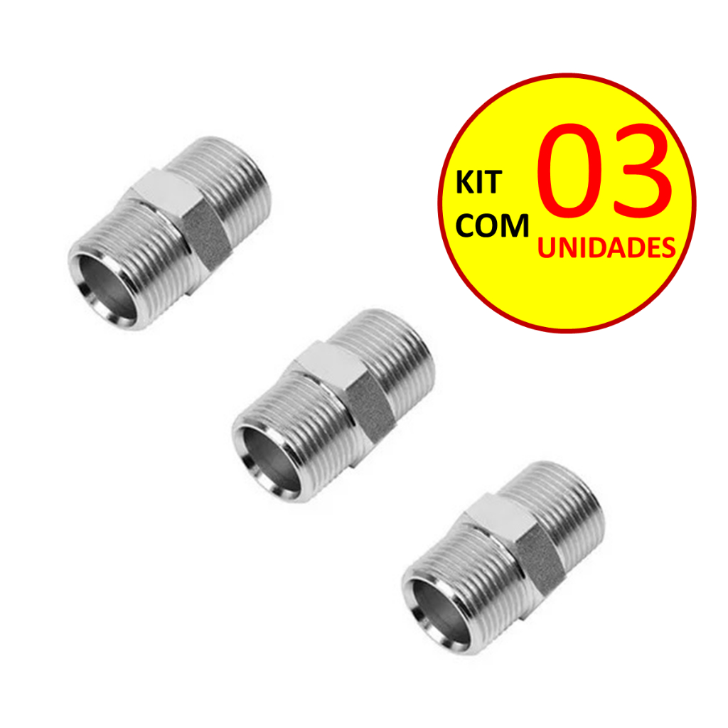 Niple Nipel Rosca 1/2x1/2 Duplo Sextavado Inox 304 Metal Cromado kit 03 unidades Água Quente e Fria Adaptador Conector