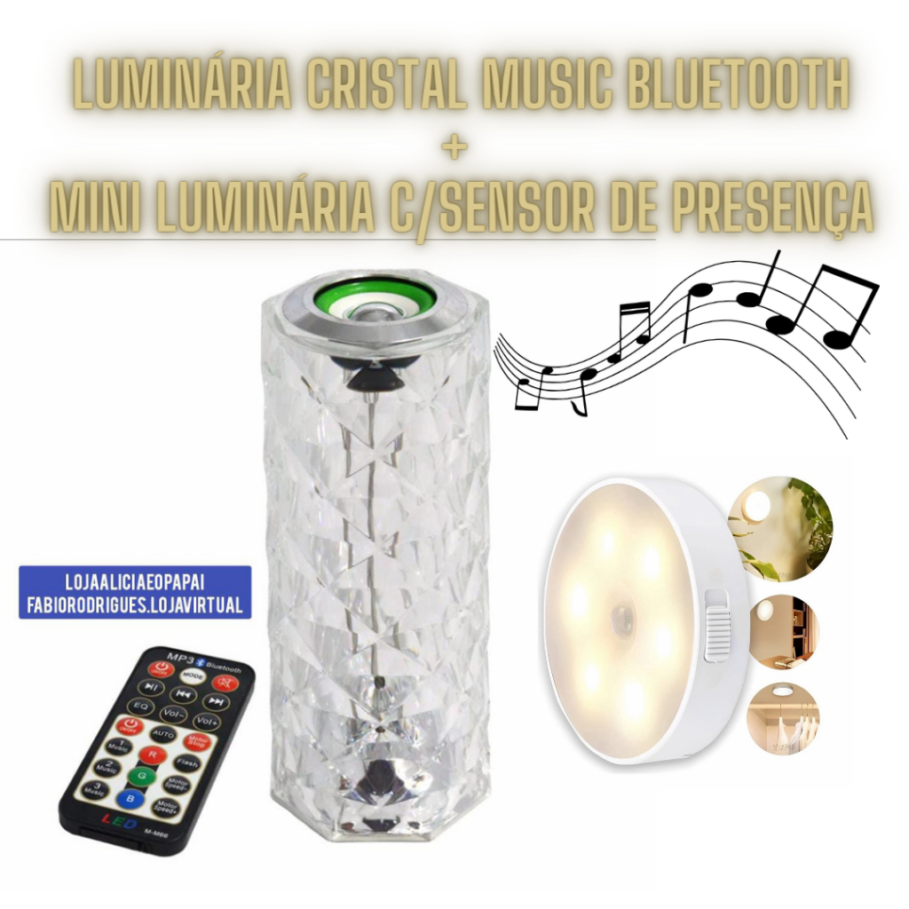 Luminária Cristal RGB com ou sem Caixa de Som Bluetooth - Mini Luminária sem fio com sensor de presença (Kit ou separado)