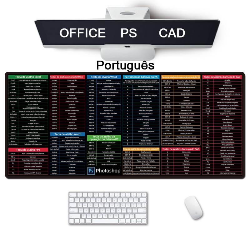 Mouse pad de atalho de teclado em português 90*40CM Mouse Pads Para trabalhos informáticos...