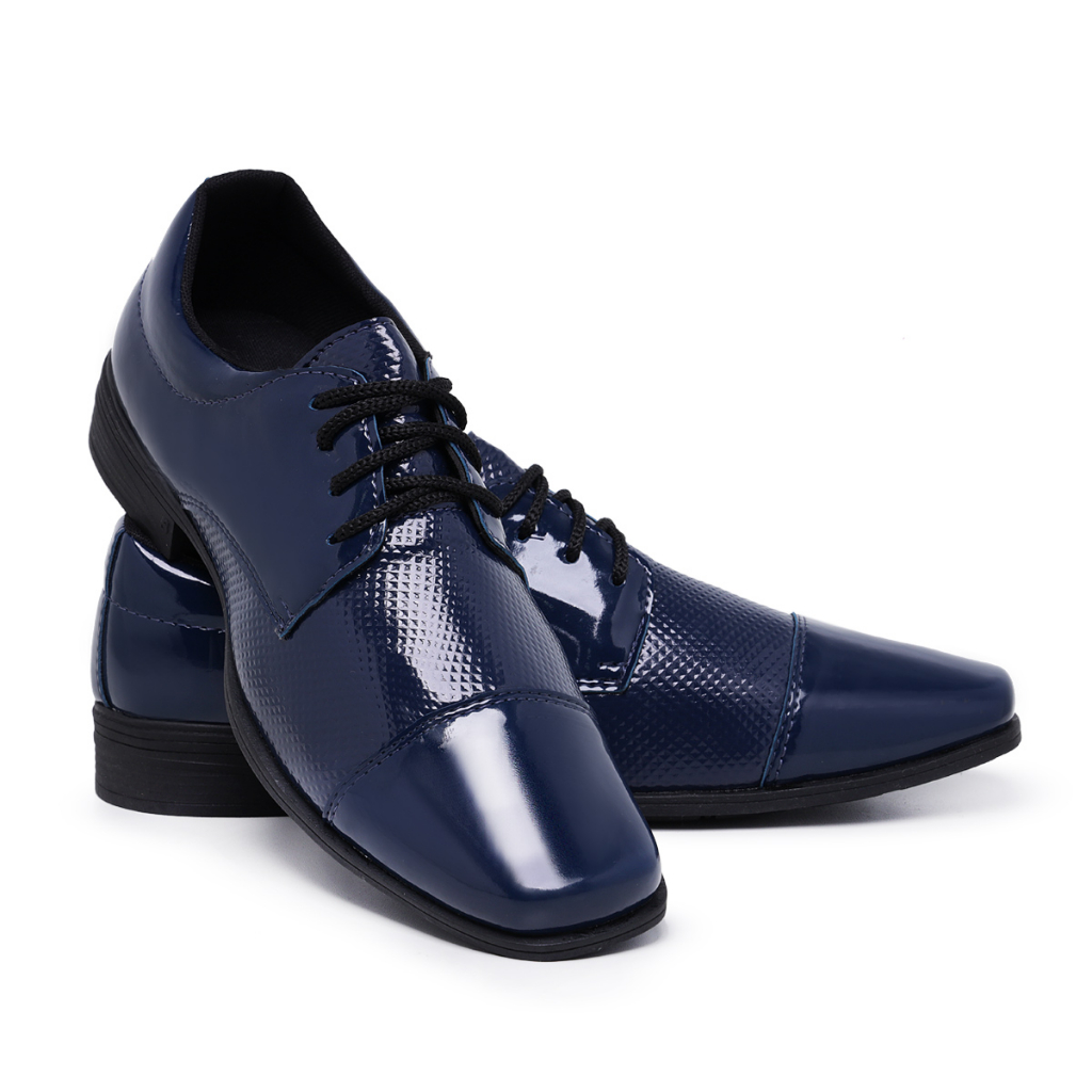 Sapato Social Masculino 801 Azul Brilho Casamento Formatura Estilo Italiano Bico Quadrado