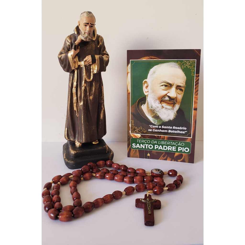 Linda Imagem de Padre Pio 20 cm em Gesso + Terço  em Madeira+ Folheto com Oração Artigo Religioso