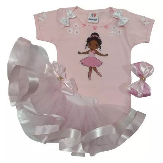 Conjunto Tutu Mesversário Bebê Menina Bailarina Roupa Festa Infantil Aniversário Fantasia, Body Temático, Saia Tule e Laço