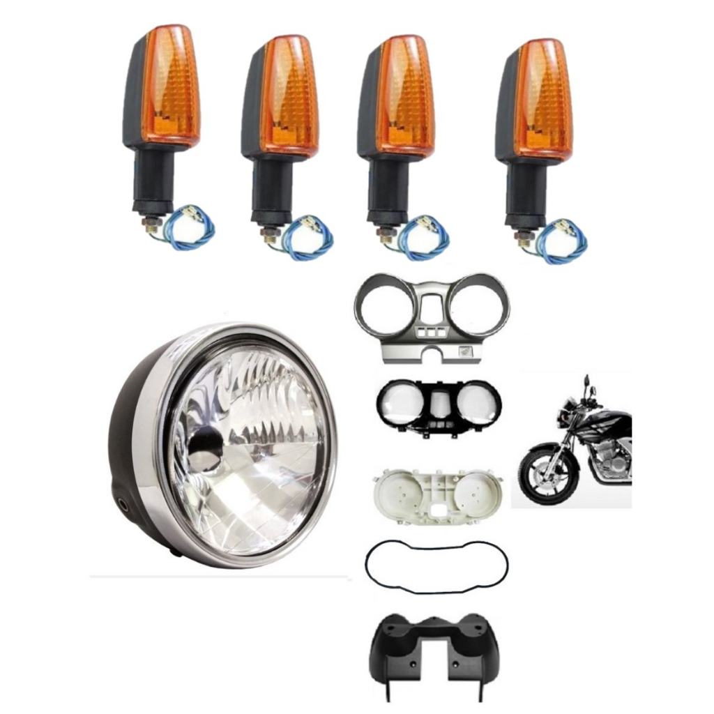 Kit Farol Aro Cromado C/ Carcaça Painel Completa + 4 Piscas Seta Moto Cbx 250 Twister Até 08