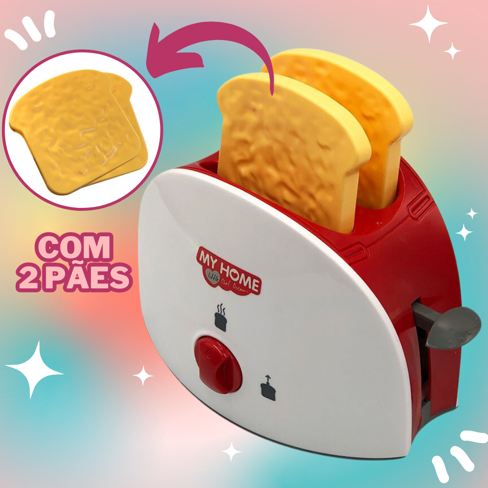 Torradeira de Brinquedo com 2 Pães Primeira Cozinha Criança Infantil My Home Branca e Vermelha Presente