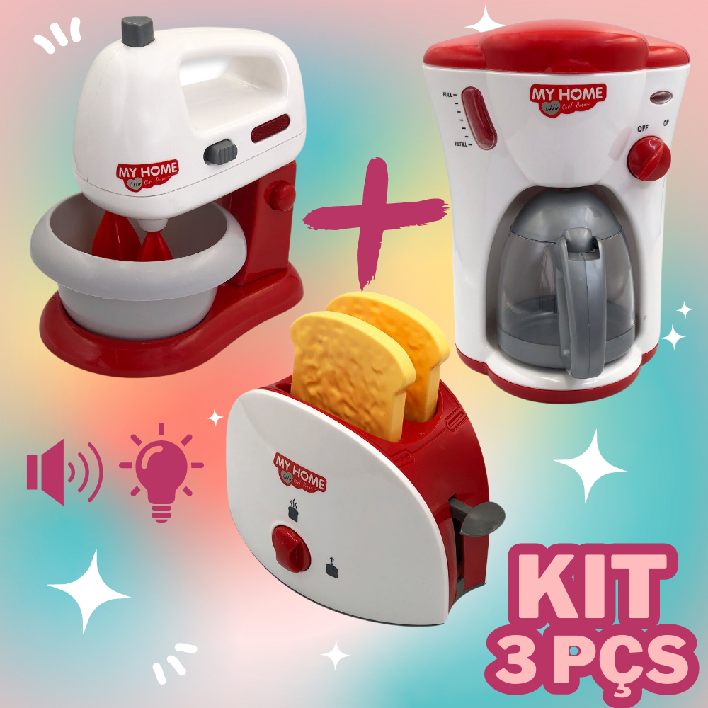 Conjunto Batedeira + Cafeteira + Torradeira Brinquedo Infantil com Luz e Som Primeira Cozinha Criança My Home Branco e Vermelho