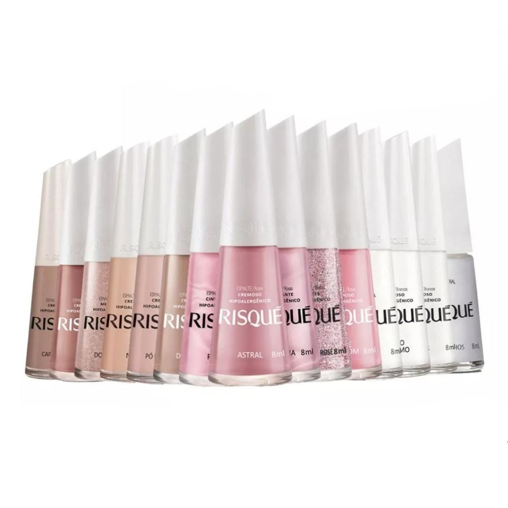 Kit Esmaltes de Unha Risque 15 Cores Mais Vendidas Nude, Rosa e Branquinhos - Manicure - Atacado