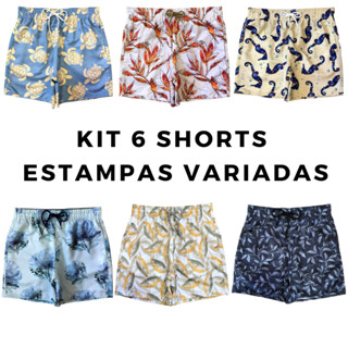 Kit 6 Bermudas Masculina Praia Short 3 Bolsos Tactel Grosso Verão Piscina Estampada