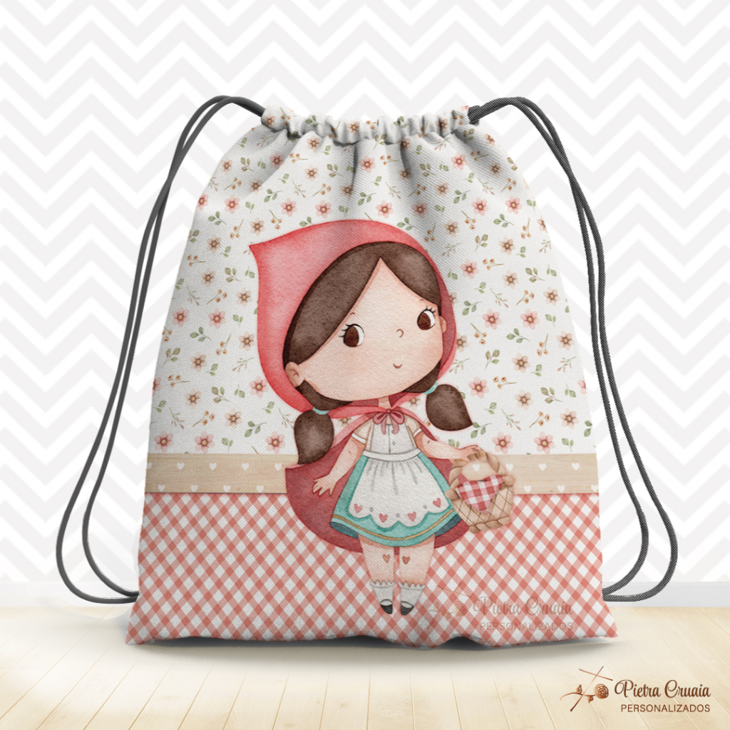 Kit com 5, 10 ou 15 unid. Mochila Saco surpresa Chapéuzinho Vermelho/ Chapéuzinho vermelho Lobo Mau Tam.19x28cm Médio