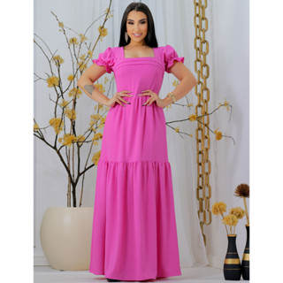 Vestido Longo Gola Quadrada Moda Evangélica Festa Elegante Duna