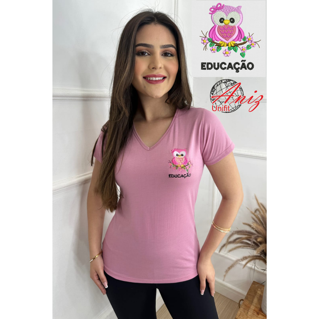 Camiseta  Blusa Feminina Educação Bordado Coruja Baby Look Uniforme Confortável Escolar em Oferta na Shopee