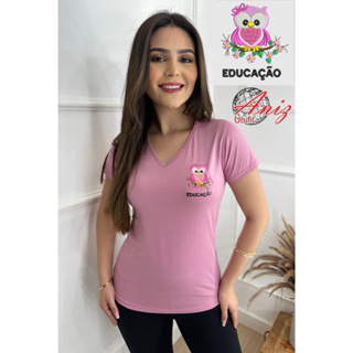 Camiseta  Blusa Feminina Educação Bordado Coruja Baby Look Uniforme Confortável Escolar em Oferta na Shopee