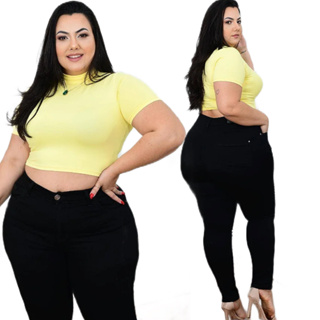 calca preta feminina jeans plus size cintura alta com elastano skinny (bolsos da frente fake) em Oferta na Shopee