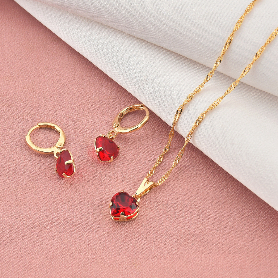 Conjunto Colar e Brinco Feminino Folheado de Ouro 18k  Coração Vermelho Semijóia em Oferta na Shopee