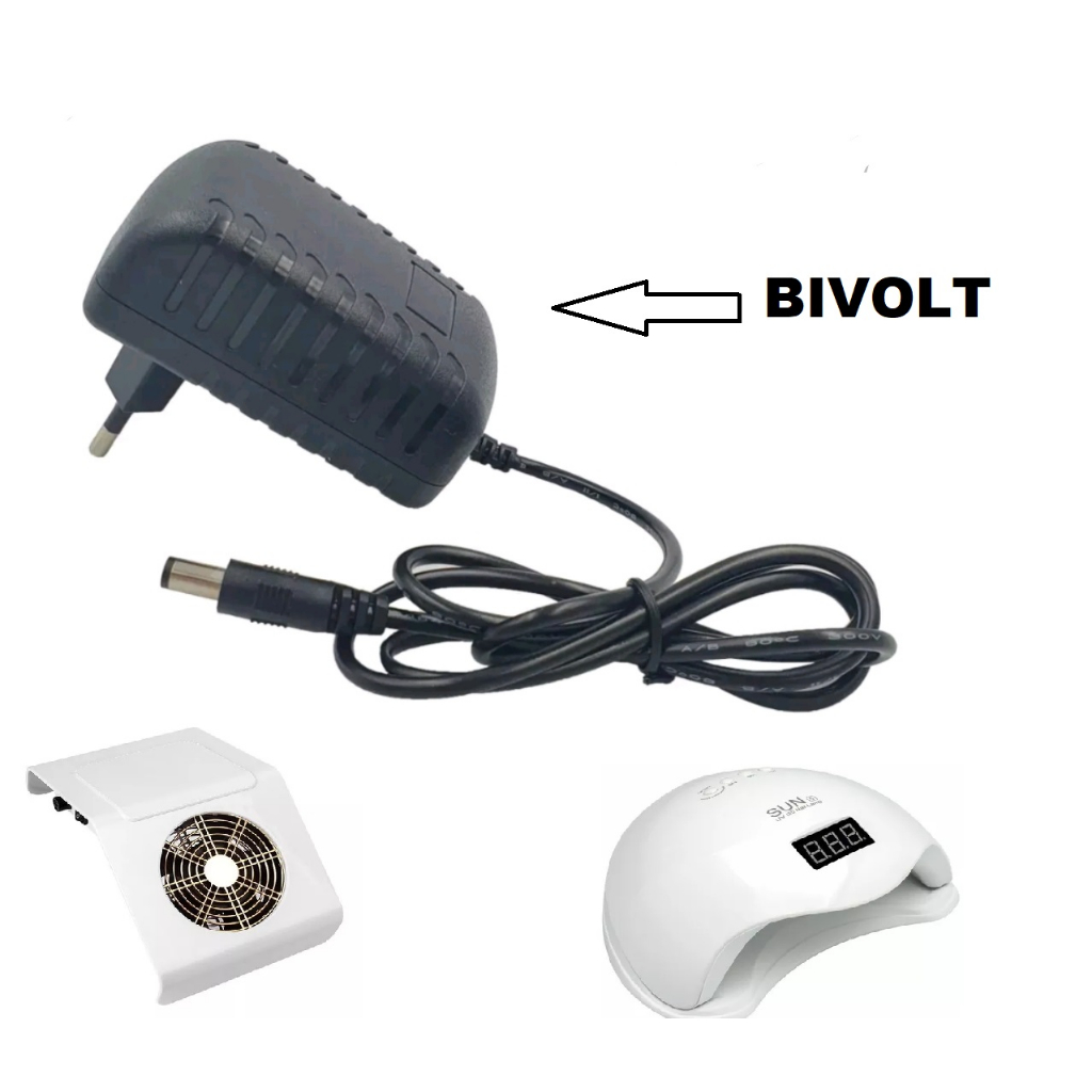 Fonte Carregador 12v 500mah Bivolt Pino 5.5mm X 2.1mm A4 Compatível cbine Sun5 coletor , aspirador de po de unha