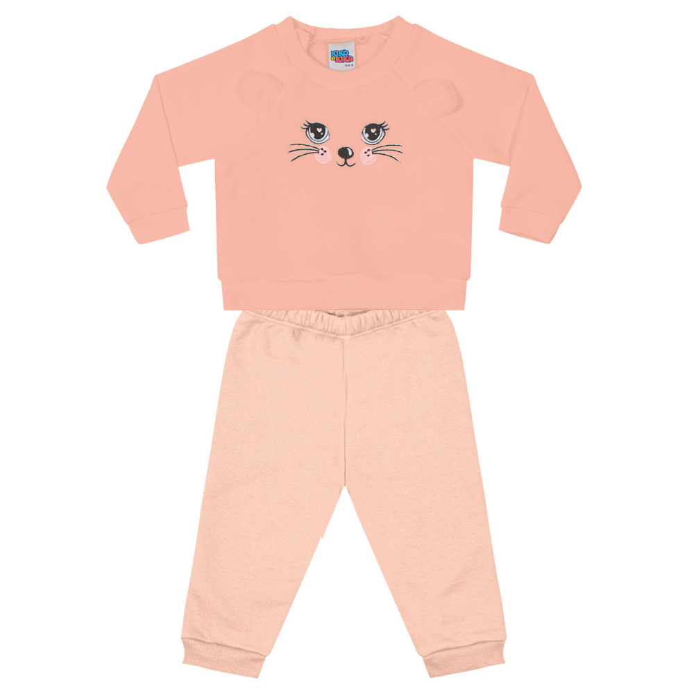 Conjunto Blusa Estampa Gatinho E Calça Moletom Feminino Infantil Inverno Quentinho Menina Kiko E Kika REF. 10506