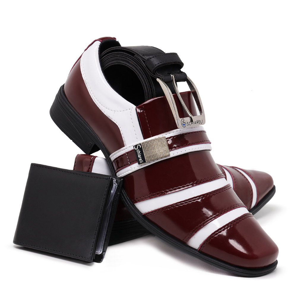 Kit Sapato Social Italiano 853 Bordô Branco Com Cinto E Carteira Masculino Conforto Casual Verniz