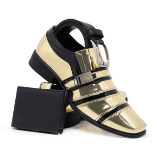 Kit Sapato Social Italiano 853 Dourado Com Preto Com Cinto E Carteira Masculino Conforto Casual em Oferta na Shopee