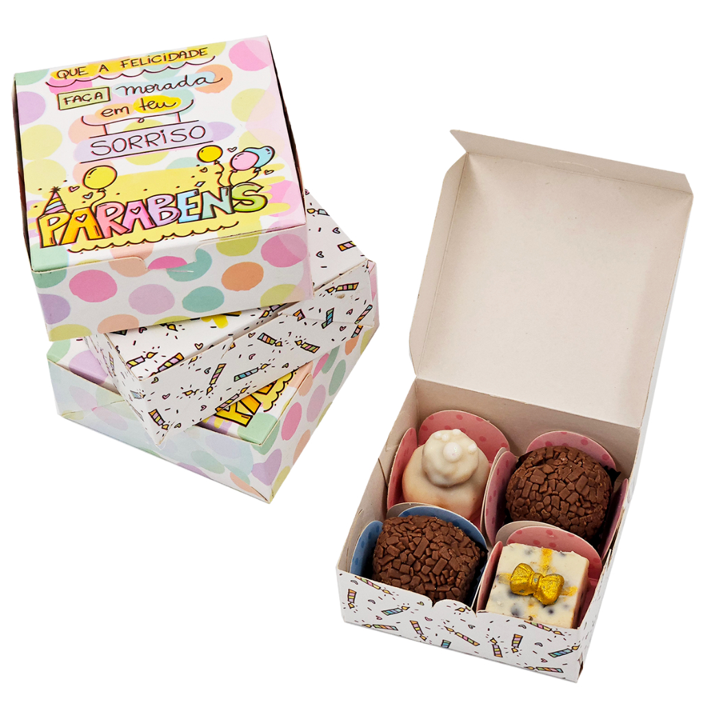 Caixas para 4 doces ou multiuso tema de aniversário, parabéns. Caixinhas de parabéns