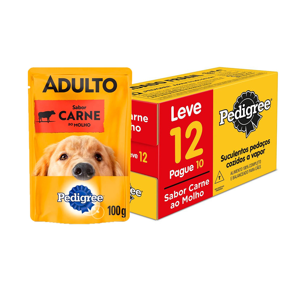Caixa 12un Ração Úmida Pedigree Sachê Cães Adultos Carne ao Molho 100g em Oferta na Shopee