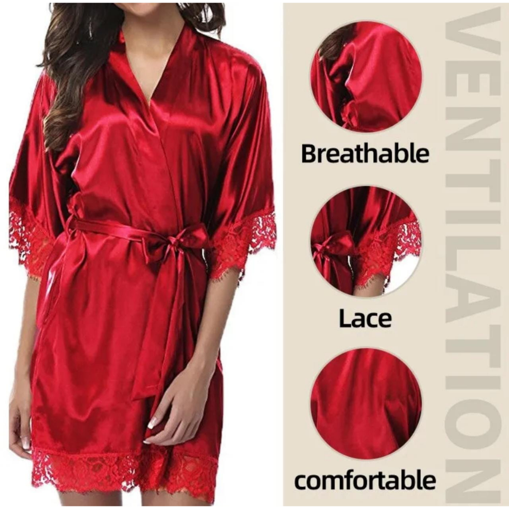 Mulheres Ice Silk Pijama Robes Sleepwear Camisolas Camisola Vermelho Preto L XL Lace Suave Suave Confortável Casual Pure Color