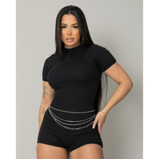 Macaquinho Feminino Academia Manga Curta Short Curto Preto Suplex em Oferta na Shopee