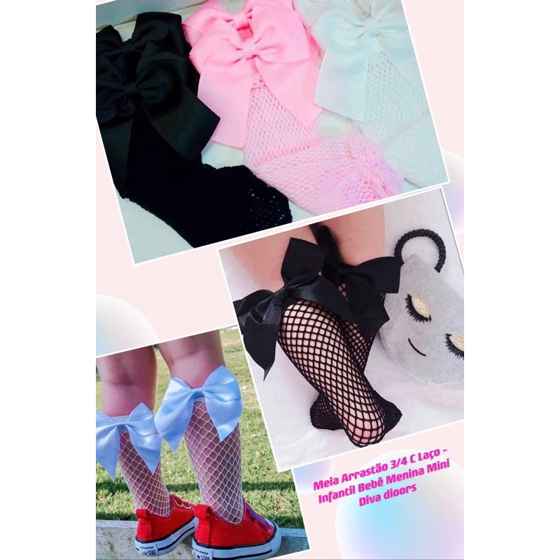 Meia Arrastão 3/4 Infantil Com Laço Moda Blogueira Mini Diva em Oferta na Shopee