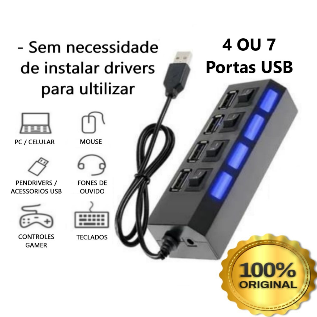 Hub Usb Super Speed Rápido Com Expansão 4 ou 7 Portas Régua USB Com LED Indicador USB Pen Drive Carregador de Celular Teclado Mouse Impressora Preto Branco