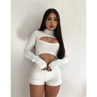 Macaquinho Feminino Manga Longa Canelado Verão Com Decote Branco
