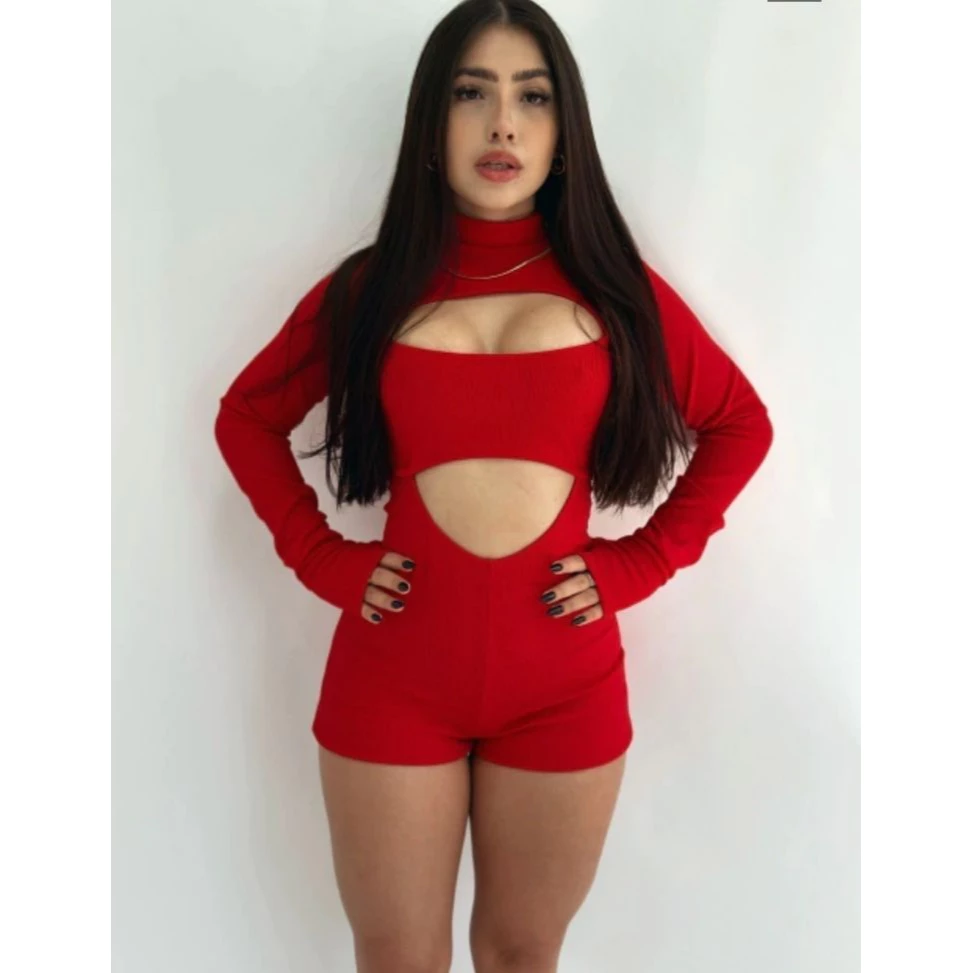 Macaquinho Feminino Manga Longa Canelado Verão Com Decote Vermelho — imagem 1