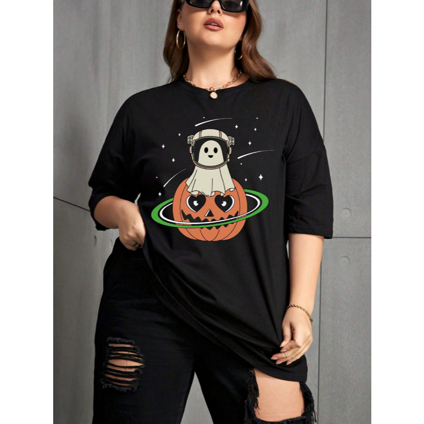 Camiseta Abóbora Oversized Estampa Fantasma Astronauta Halloween Manga Curta Feminina