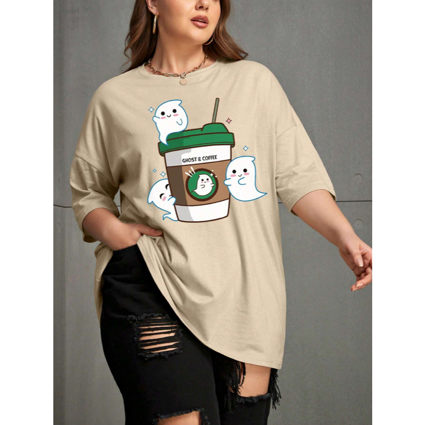 Camiseta Star Coffee Ghost Fantasma Fofo Oversized Feminina Manga Curta Tumblr Casual