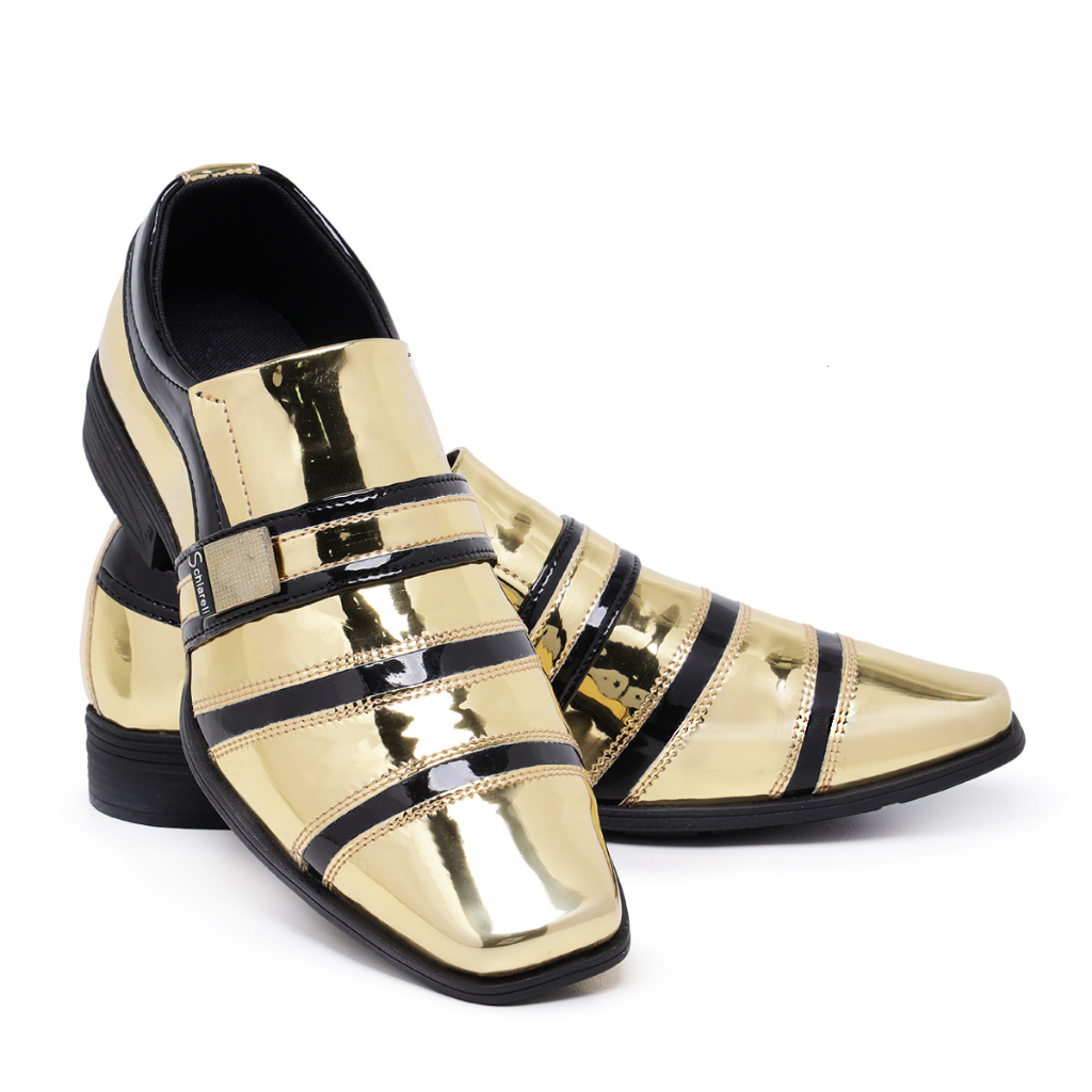 Sapato Social Masculino Italiano 853 Dourado Preto Conforto Casual Verniz Brilho Moderno Casamento